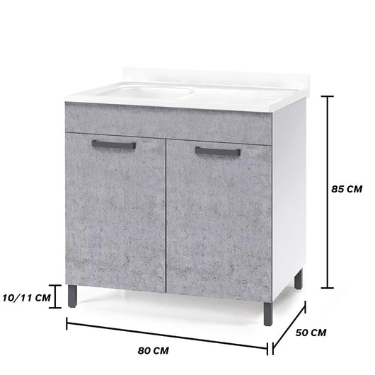Sottolavello per cucina componibile da 80 cm con due ante, realizzato in legno 100% MADE IN ITALY colore Cemento