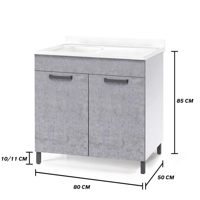 Sottolavello per cucina componibile da 80 cm con due ante, realizzato in legno 100% MADE IN ITALY colore Cemento