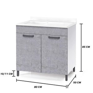 Sottolavello per cucina componibile da 80 cm con due ante, Lavello con 2 Vasche, realizzato in legno 100% MADE IN ITALY colore Cemento