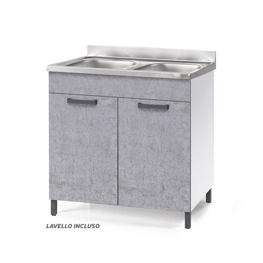 Sottolavello per cucina componibile da 80 cm con due ante, Lavello con 2 Vasche, realizzato in legno 100% MADE IN ITALY colore Cemento