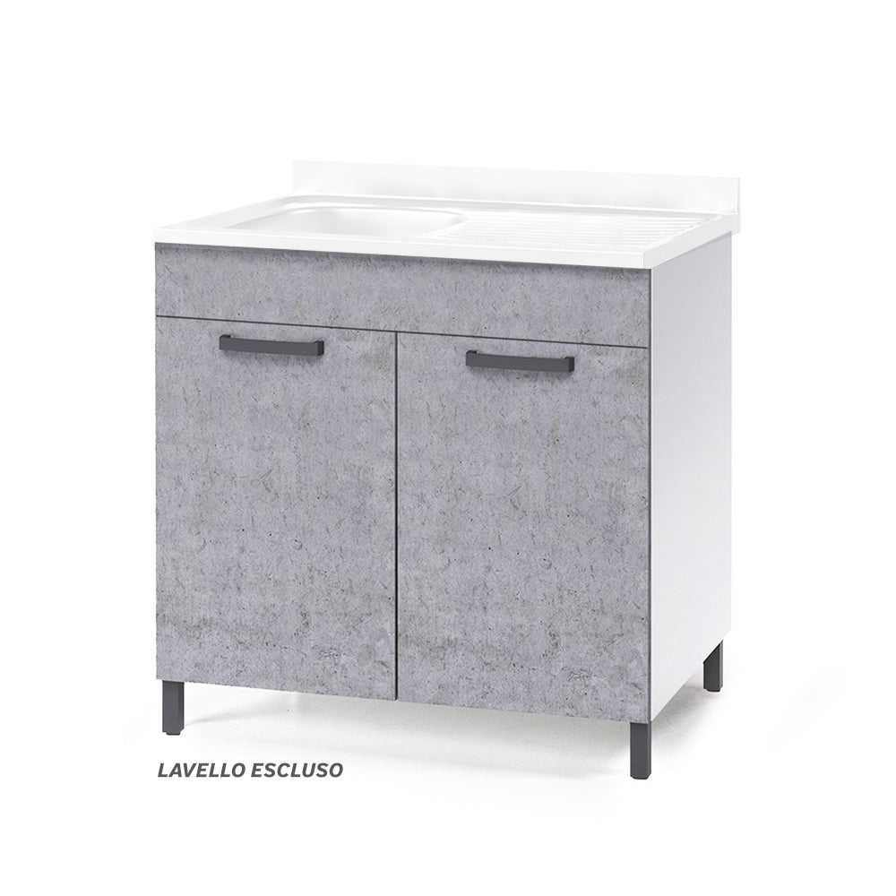 Sottolavello per cucina componibile da 80 cm con due ante, Lavello con 2 Vasche, realizzato in legno 100% MADE IN ITALY colore Cemento