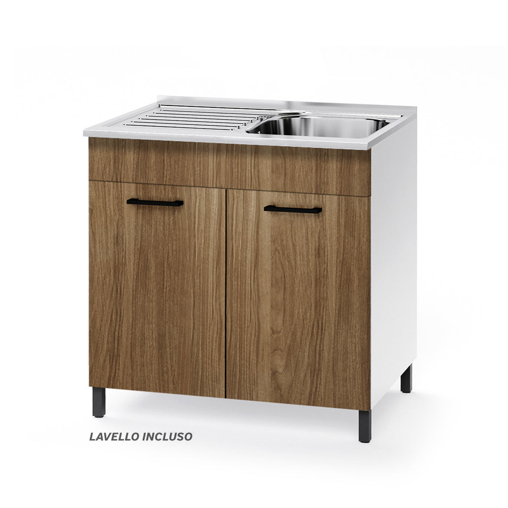 Sottolavello per cucina componibile da 80 cm con due ante, Lavello con vasca a Destra + Gocciolatoio, realizzato in legno 100% MADE IN ITALY colore Noce