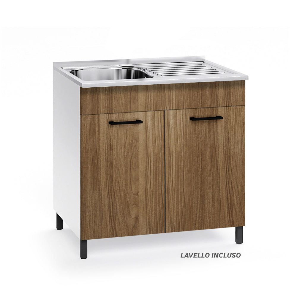 Sottolavello per cucina componibile da 80 cm con due ante, Lavello con vasca a Sinistra + Gocciolatoio, realizzato in legno 100% MADE IN ITALY colore Noce