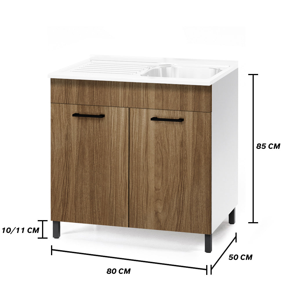 Sottolavello per cucina componibile da 80 cm con due ante, Lavello con 2 Vasche, realizzato in legno 100% MADE IN ITALY colore Noce