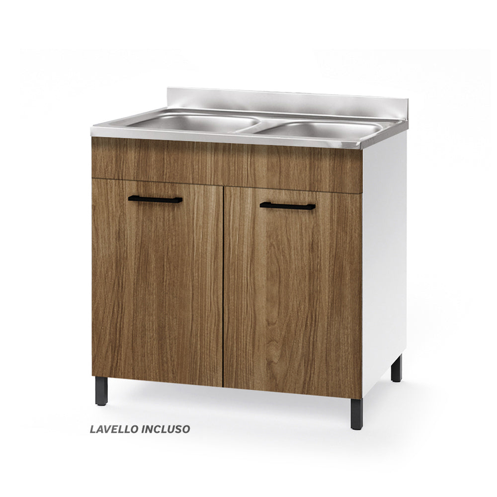 Sottolavello per cucina componibile da 80 cm con due ante, Lavello con 2 Vasche, realizzato in legno 100% MADE IN ITALY colore Noce