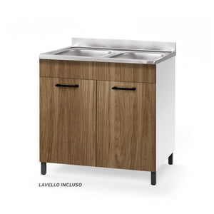 Sottolavello per cucina componibile da 80 cm con due ante, Lavello con 2 Vasche, realizzato in legno 100% MADE IN ITALY colore Noce