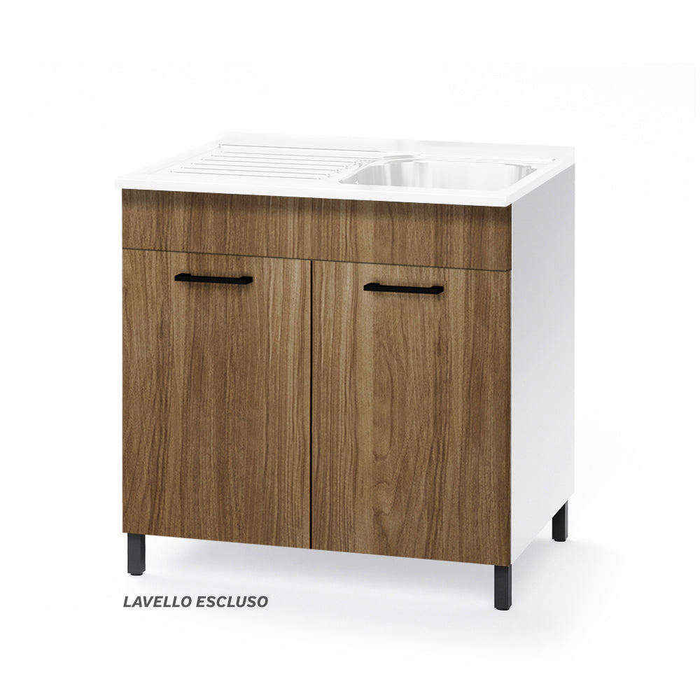 Sottolavello per cucina componibile da 80 cm con due ante, Lavello con vasca a Destra + Gocciolatoio, realizzato in legno 100% MADE IN ITALY colore Noce