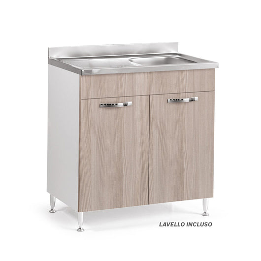 Sottolavello per cucina componibile da 80 cm con due ante, Lavello con vasca a Destra + Gocciolatoio, realizzato in legno 100% MADE IN ITALY colore Olmo