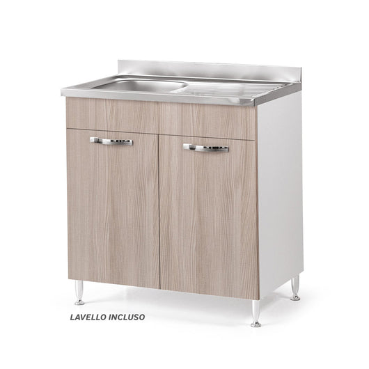 Sottolavello per cucina componibile da 80 cm con due ante, Lavello con vasca a Sinistra + Gocciolatoio, realizzato in legno 100% MADE IN ITALY colore Olmo