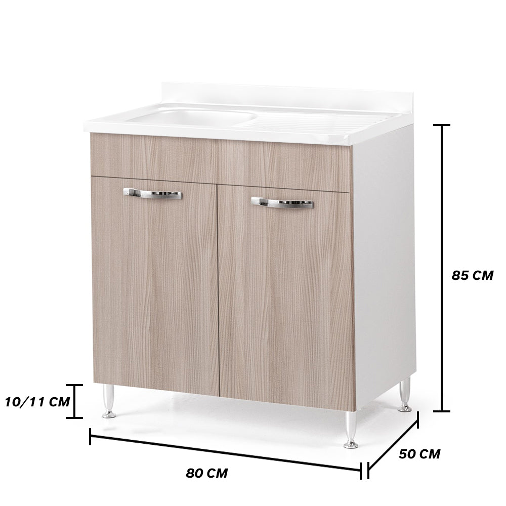 Sottolavello per cucina componibile da 80 cm con due ante, Lavello con 2 Vasche, realizzato in legno 100% MADE IN ITALY colore Olmo