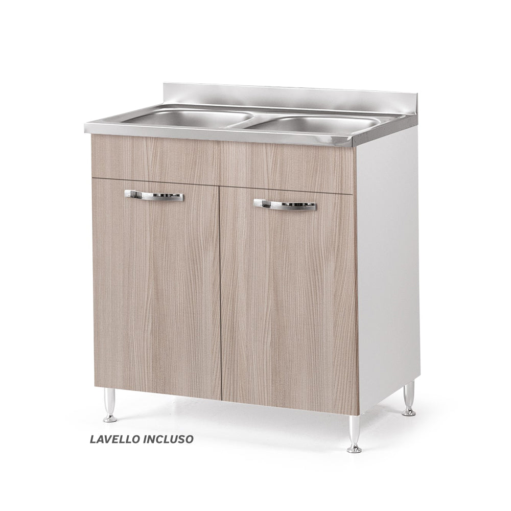 Sottolavello per cucina componibile da 80 cm con due ante, Lavello con 2 Vasche, realizzato in legno 100% MADE IN ITALY colore Olmo