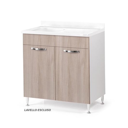 Sottolavello per cucina componibile da 80 cm con due ante, Lavello con vasca a Destra + Gocciolatoio, realizzato in legno 100% MADE IN ITALY colore Olmo