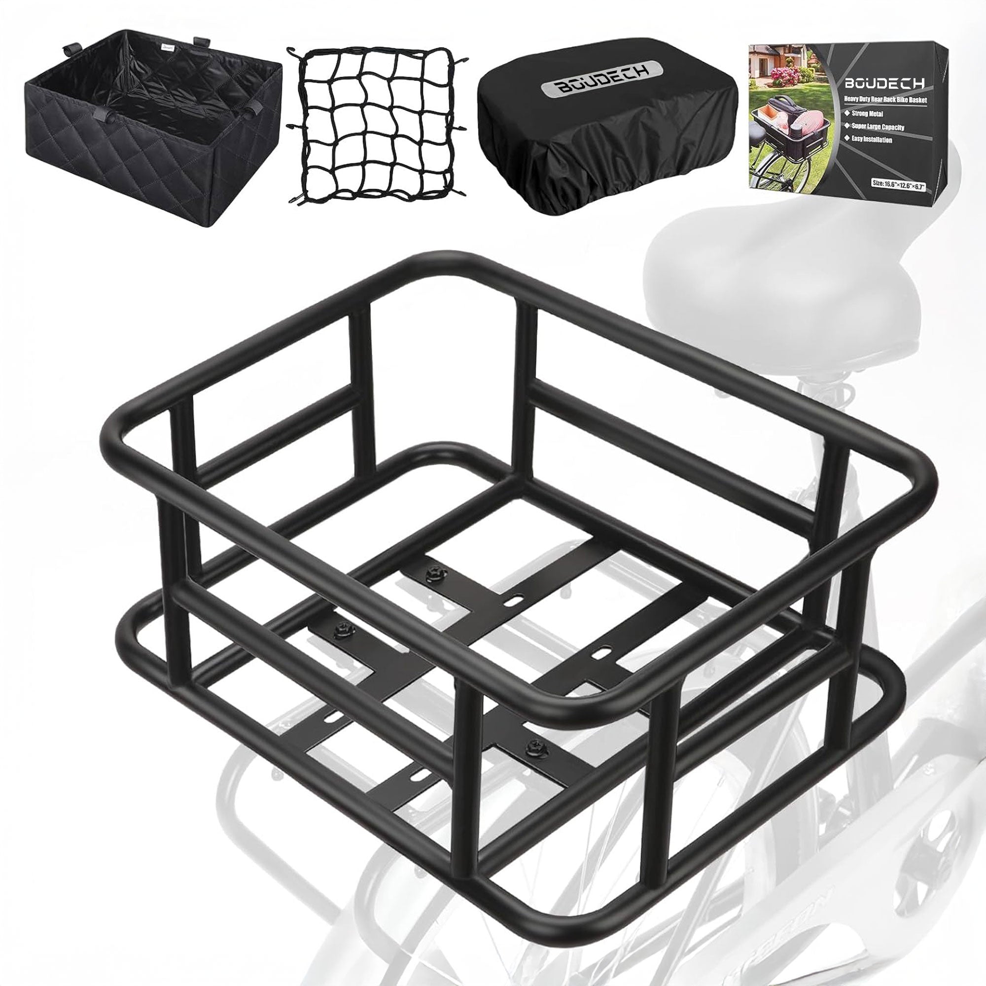 Keeper - Cestino Posteriore per Bicicletta Portaoggetti con Tasca in Stoffa Rete Elastica e Copertura in Metallo Nero