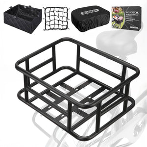 Keeper - Cestino Posteriore per Bicicletta Portaoggetti con Tasca in Stoffa Rete Elastica e Copertura in Metallo Nero