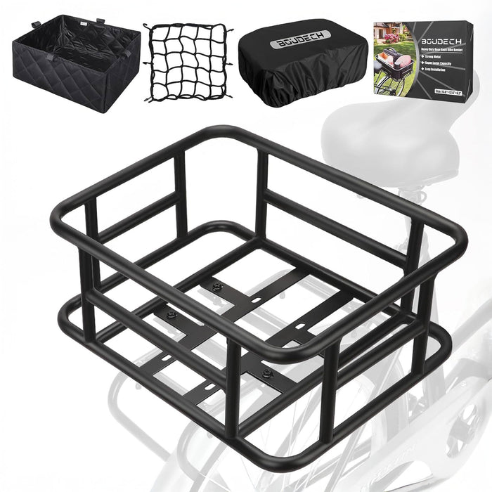 Keeper - Cestino Posteriore per Bicicletta Portaoggetti con Tasca in Stoffa Rete Elastica e Copertura in Metallo Nero