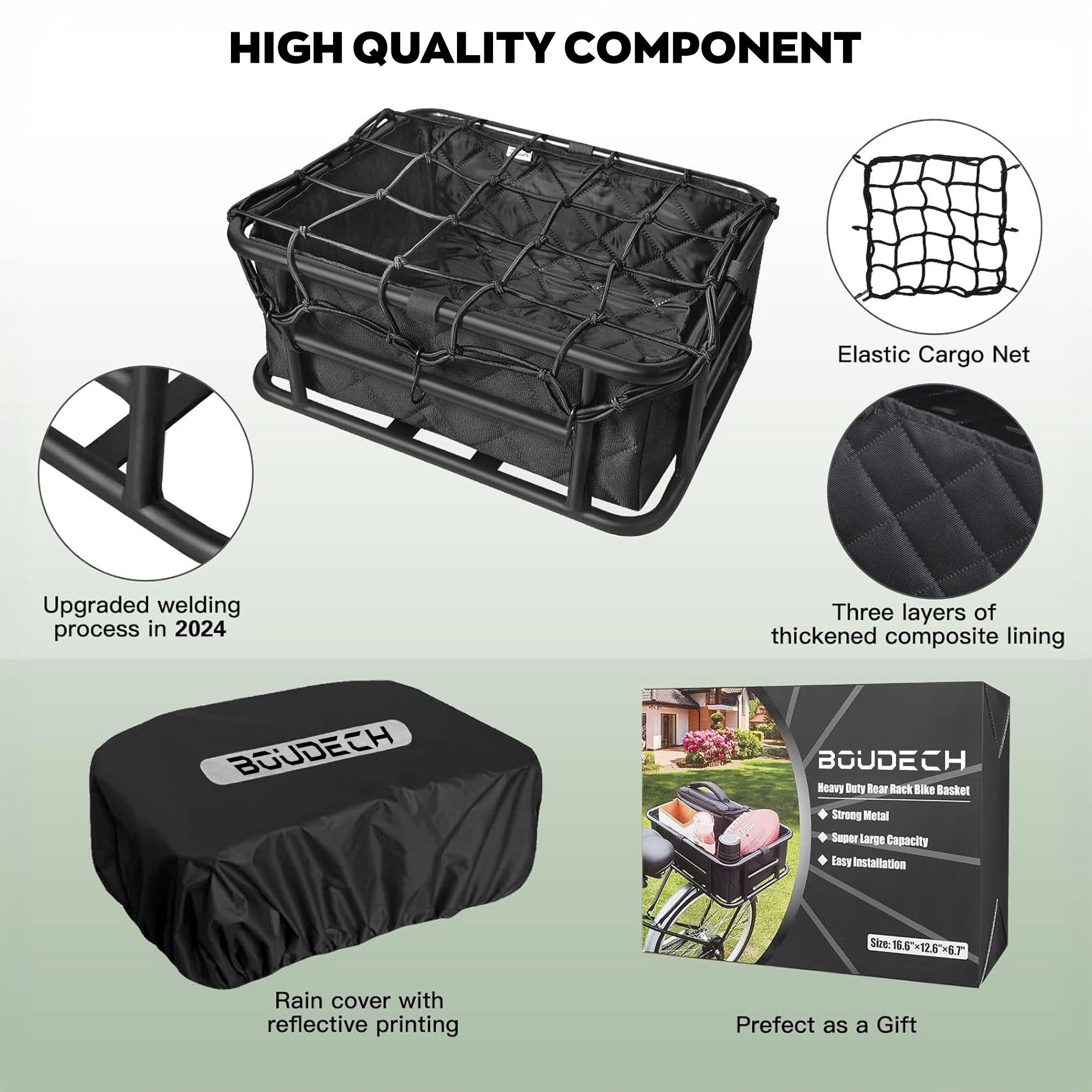 Keeper - Cestino Posteriore per Bicicletta Portaoggetti con Tasca in Stoffa Rete Elastica e Copertura in Metallo Nero