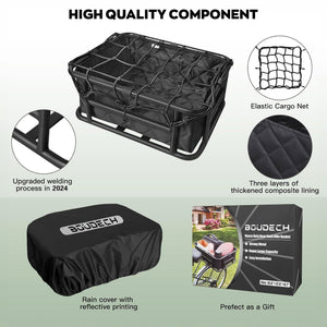 Keeper - Cestino Posteriore per Bicicletta Portaoggetti con Tasca in Stoffa Rete Elastica e Copertura in Metallo Nero