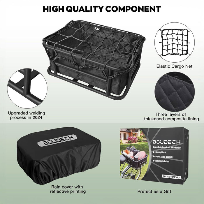 Keeper - Cestino Posteriore per Bicicletta Portaoggetti con Tasca in Stoffa Rete Elastica e Copertura in Metallo Nero