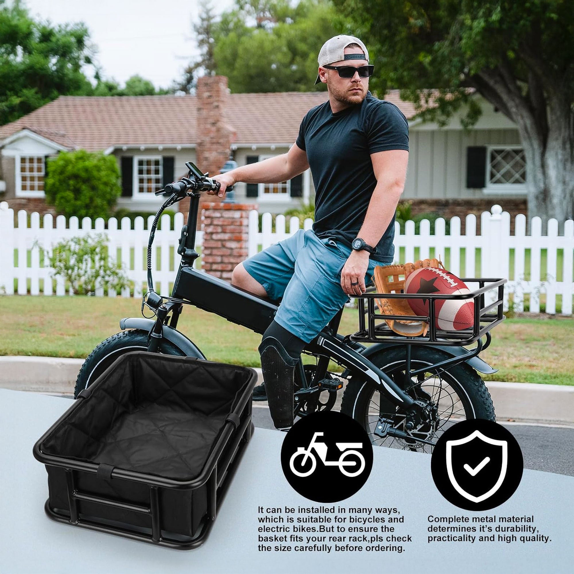 Keeper - Cestino Posteriore per Bicicletta Portaoggetti con Tasca in Stoffa Rete Elastica e Copertura in Metallo Nero