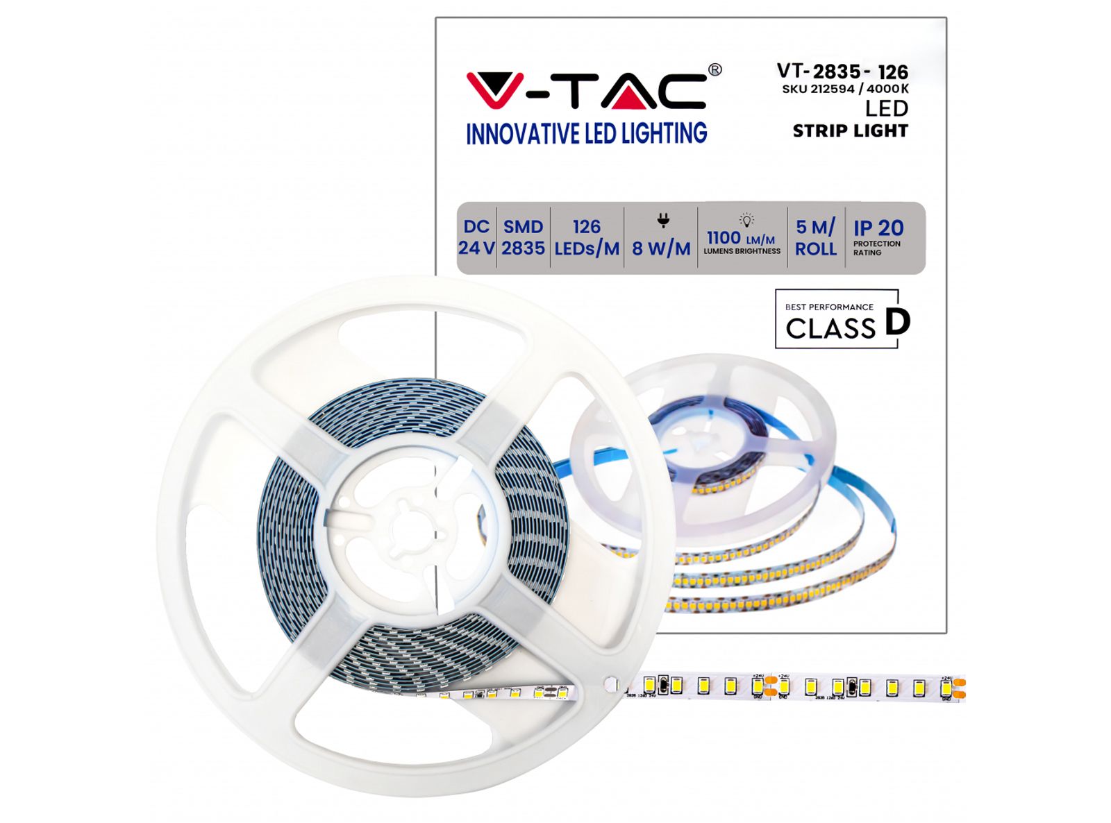 STRISCIA 630 Strip LED Bianco Naturale 4000K lunghezza 5 Metri VT-2835IP20-126 24v Potenza 8W/m SMD 2835 Potenza Totale 40W