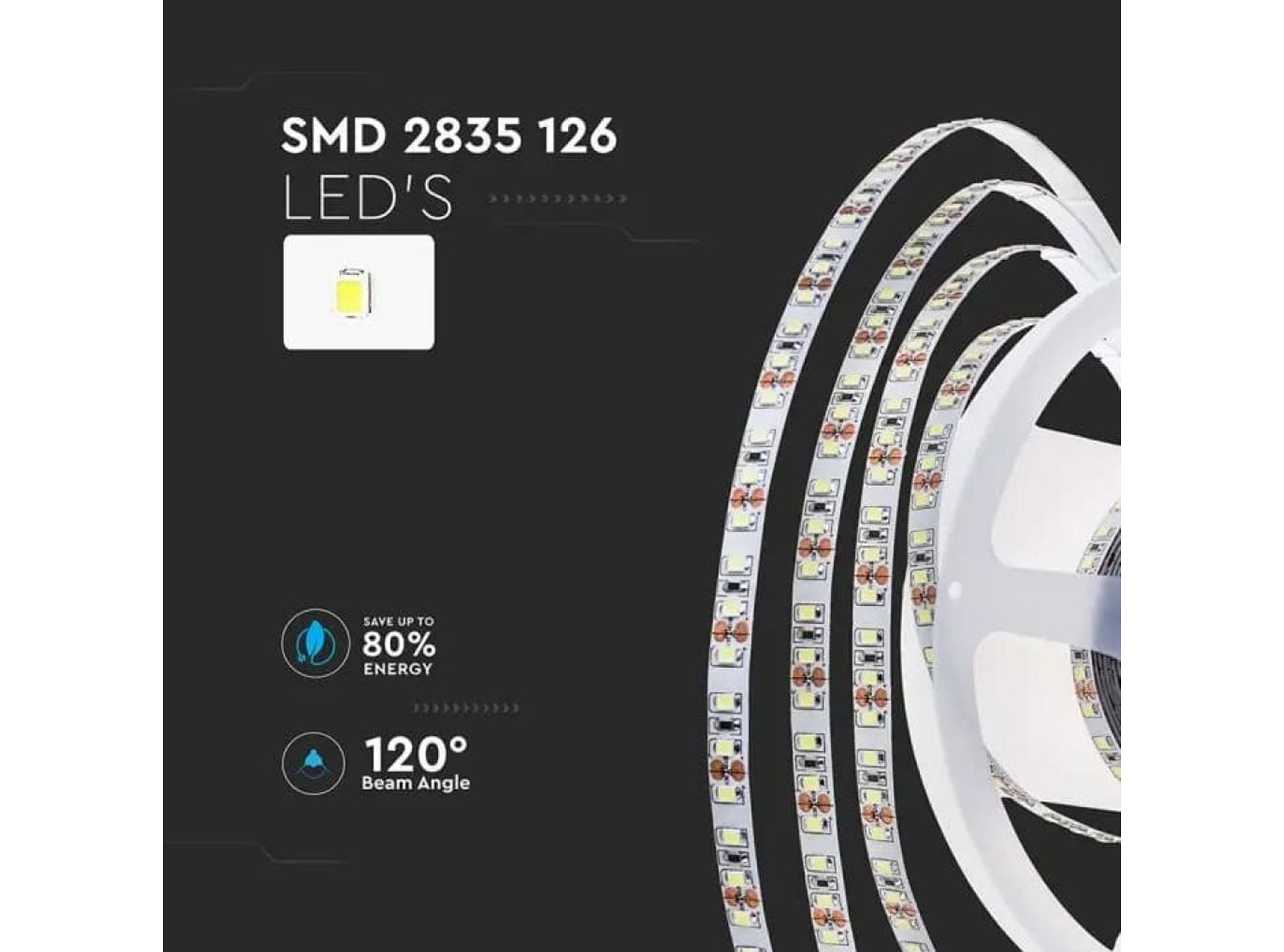 STRISCIA 630 Strip LED Bianco Naturale 4000K lunghezza 5 Metri VT-2835IP20-126 24v Potenza 8W/m SMD 2835 Potenza Totale 40W