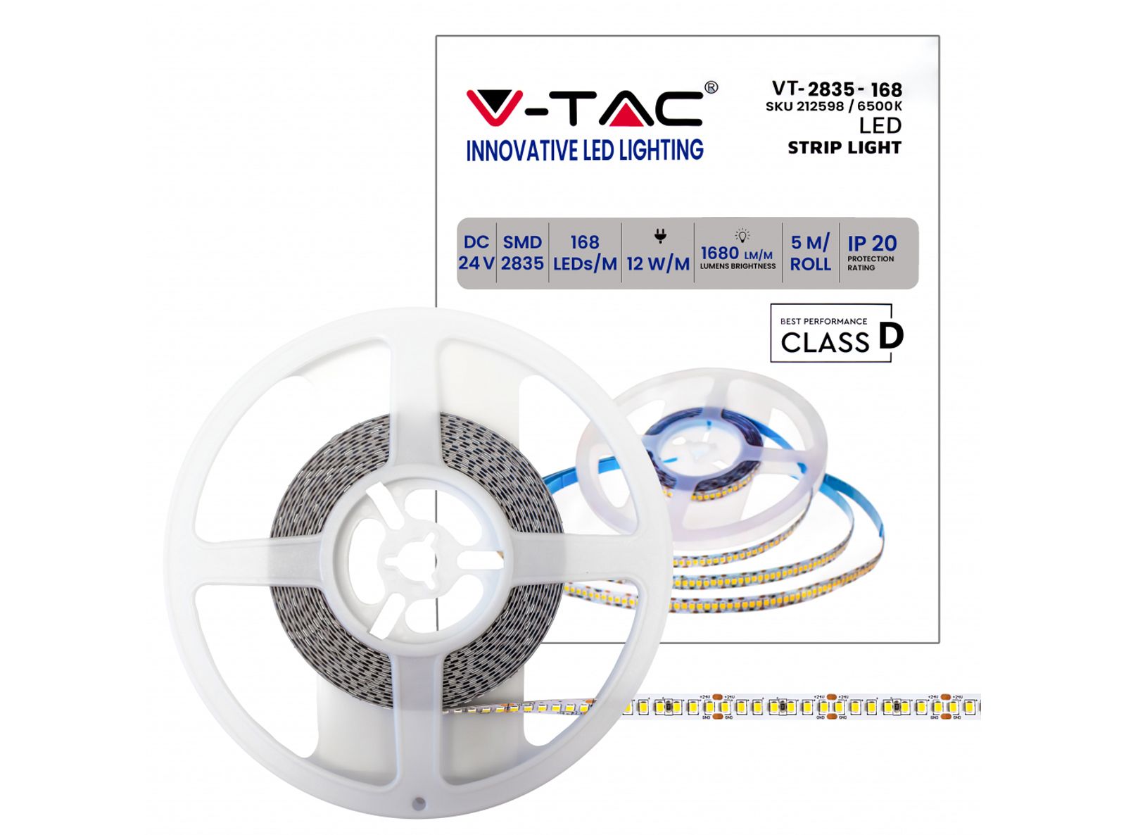 STRISCIA 840 LED Strip Bianco Freddo 5 Metri VT-2835IP20-168 funzionamento 24V 6500K 140Lm/Watt Totale 60w