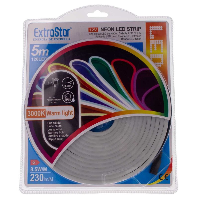 STRISCIA LED NEON 5M 8.5W/M 12V 120LED Modellabile e Tagliabile IP65 Impermeabile 3000K Bianco CALDO Angolazione Luce 120