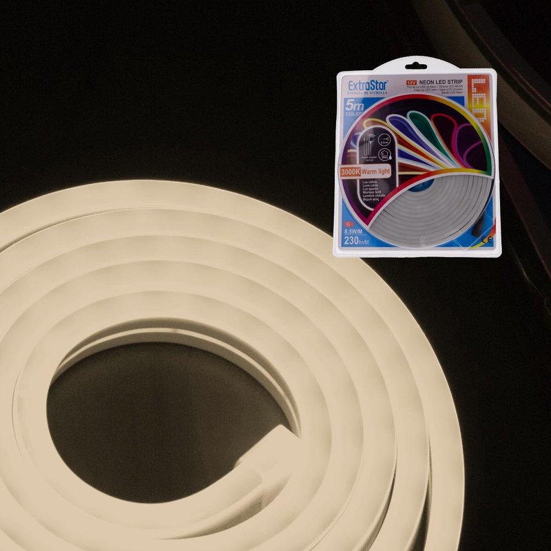 STRISCIA LED NEON 5M 8.5W/M 12V 120LED Modellabile e Tagliabile IP65 Impermeabile 3000K Bianco CALDO Angolazione Luce 120