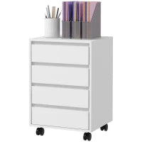 Cassettiera da Ufficio con 4 Cassetti e Ruote con Freno in Legno MDF, 46x40x65 cm, Bianco