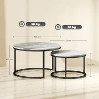 Set 2 Tavolini da Caffè Sovrapponibili Rotondi in Metallo e MDF Effetto Marmo, Grigio e Nero