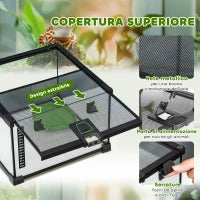 Terrario per Rettili Rialzato con Serratura e Termometro, in Vetro e Rete Metallica, 30x30x20 cm, Nero