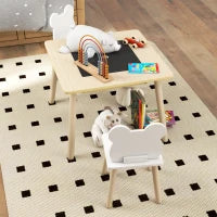 Set Tavolo 3 in 1 e 2 Sedie per Bambini con Schienale a Orsetto, Età 3-6 Anni, Colore Legno