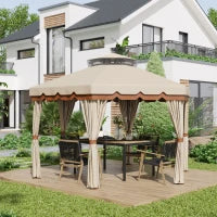 Gazebo da Giardino 4x4m Esagonale con Doppio Tetto e Tende Laterali Rimovibili, Marrone