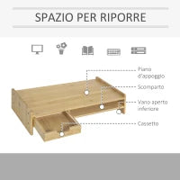 Supporto Monitor con Spazio per Mouse e Tastiera e Ripiano con Cubo Portaoggetti, in Bambù, 49x25.5x11.5 cm
