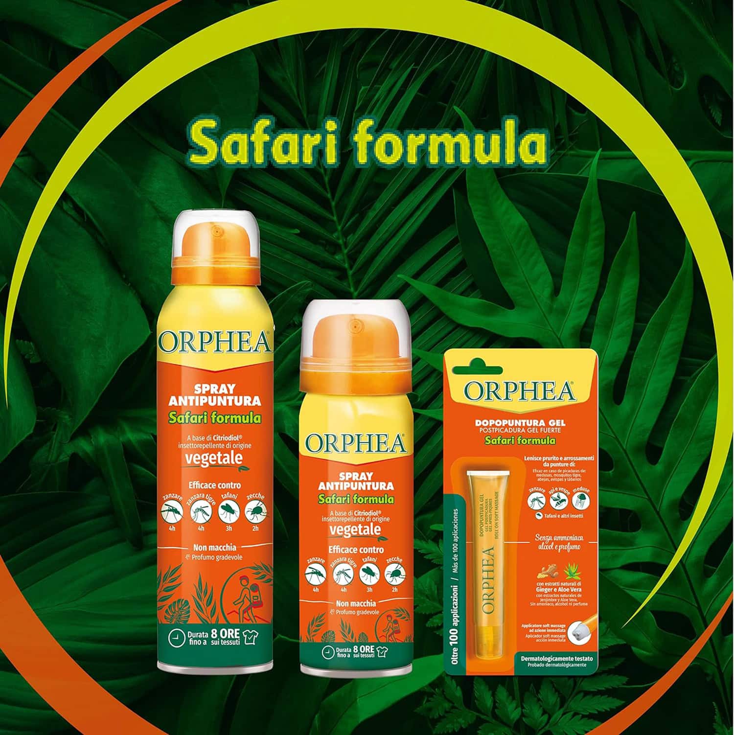 Antipuntura Spray Safari, Origine Vegetale, Non macchia, Profumo Gradevole, Durata fino a 8 ore, 100ml, Orphea