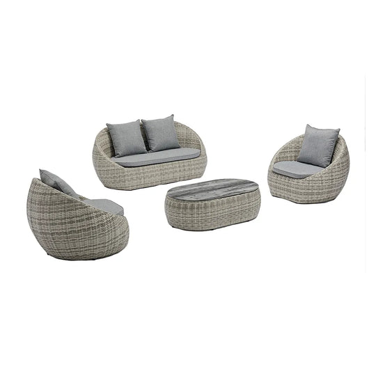 Tempo Style - Salottino Lounge in polyrattan SANTORINI grigio-mélange | Lounge da giardino con divano, tavolo, 2 poltrone e cuscini | Set di mobili da giardino da 4 persone