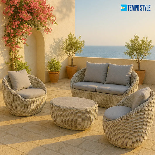 Tempo Style - Salottino Lounge in polyrattan SANTORINI grigio-mélange | Lounge da giardino con divano, tavolo, 2 poltrone e cuscini | Set di mobili da giardino da 4 persone