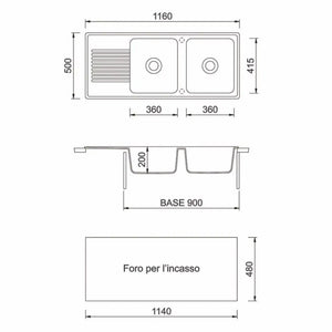 Samet Lavello 116x50 2 vasche Granitovero1162vsbip gocciolatoio bianco