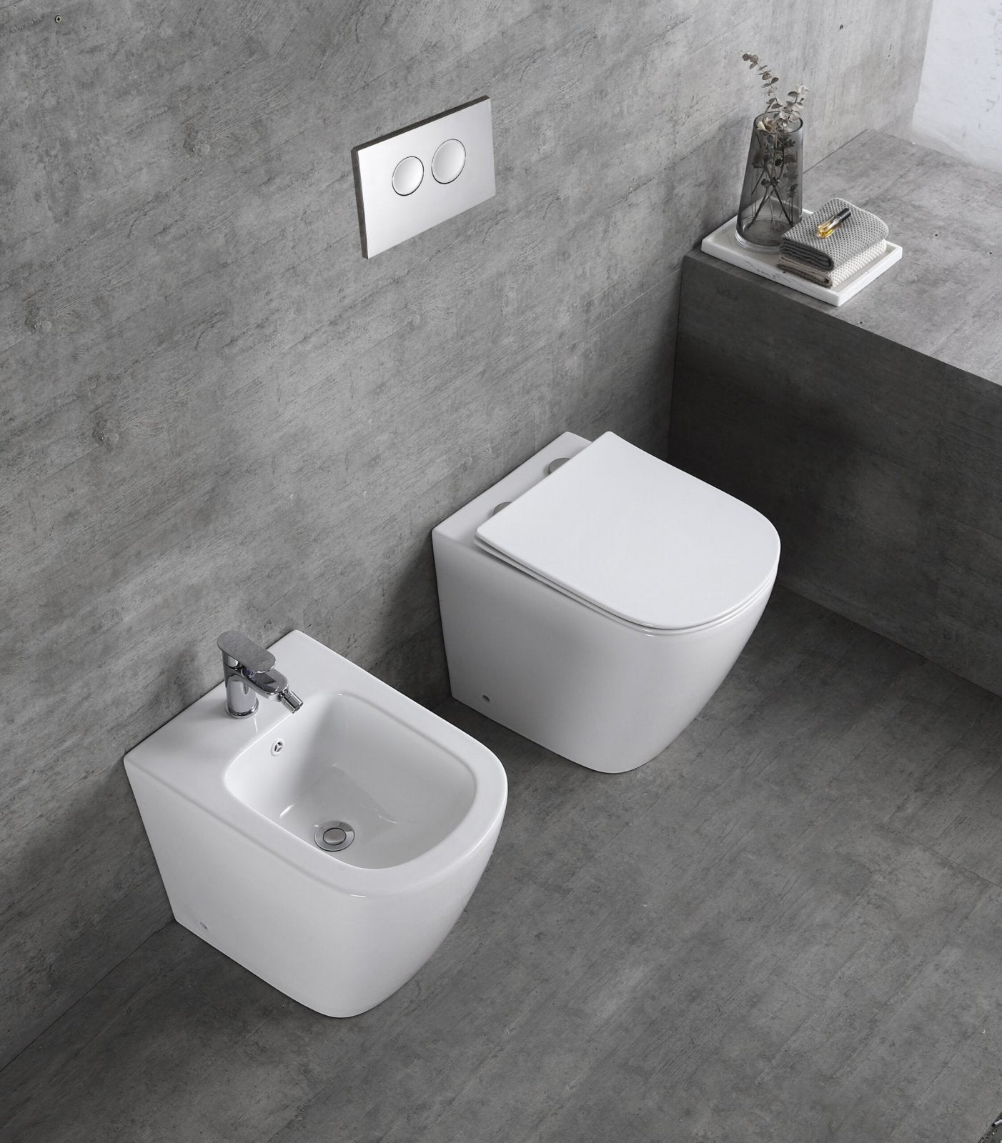Sanitari wc e bidet a terra, filo muro, soft close, rimless Sicena Nomon
