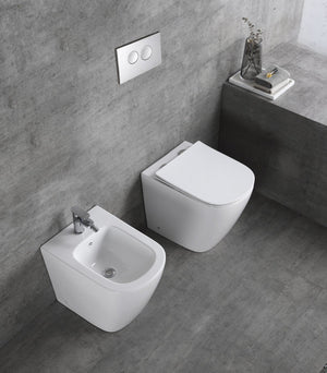 Sanitari wc e bidet a terra, filo muro, soft close, rimless Sicena Nomon