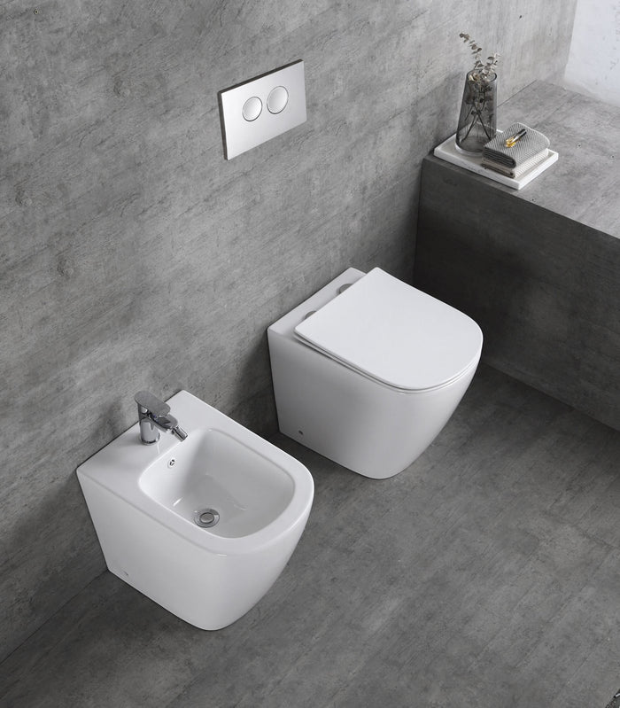 Sanitari wc e bidet a terra, filo muro, soft close, rimless Sicena Nomon