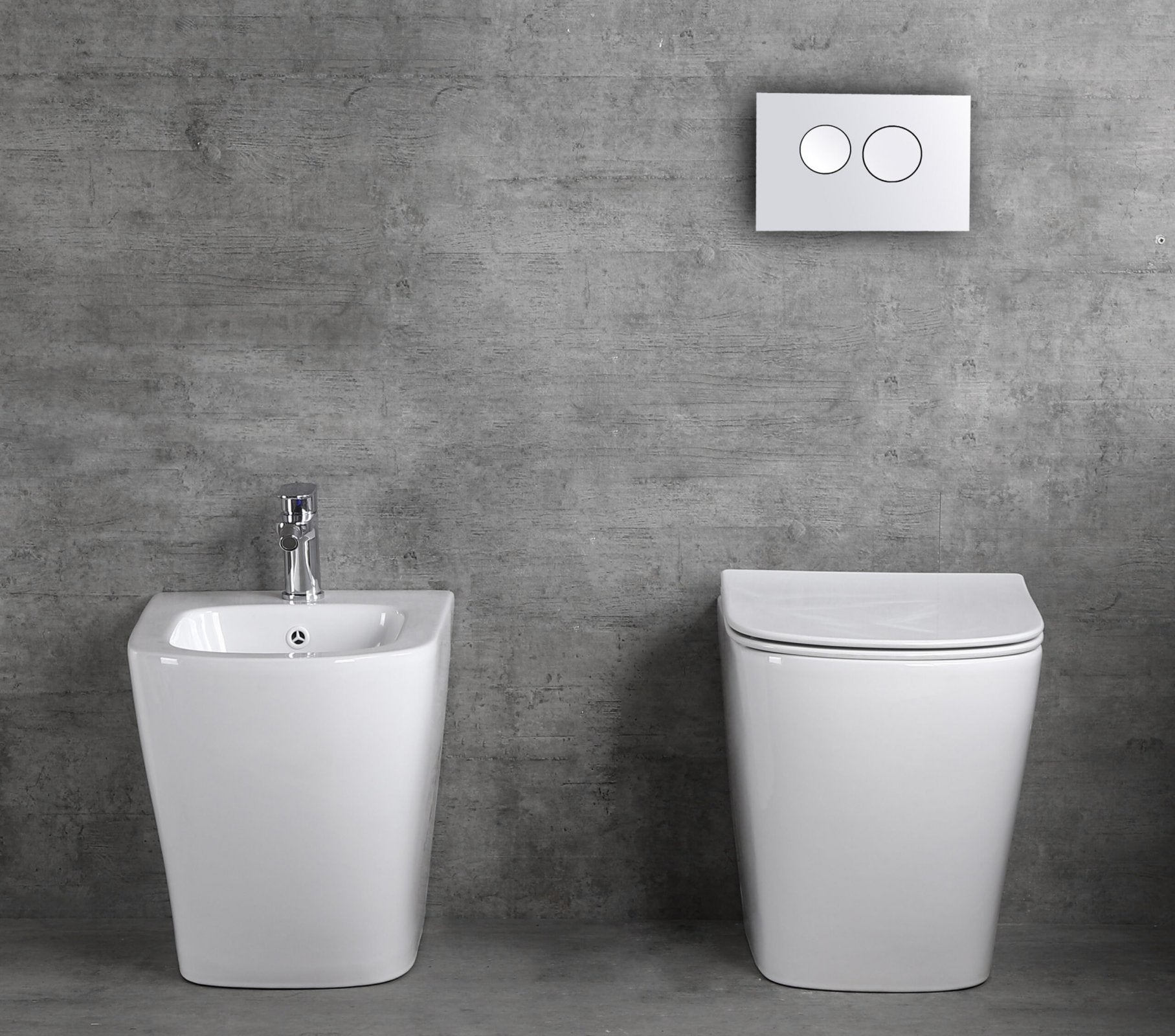 Sanitari wc e bidet a terra, filo muro, soft close, rimless Sicena Nomon