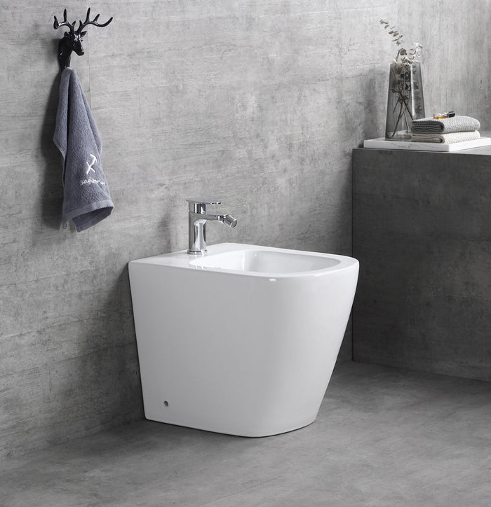Sanitari wc e bidet a terra, filo muro, soft close, rimless Sicena Nomon