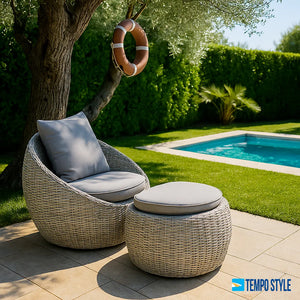 Tempo Style - Pouf SANTORINI in polyrattan | Resistente alle intemperie | Con morbido cuscino sfoderabile | Per ambienti esterni come giardino, balcone, terrazza - Grigio