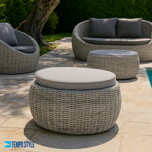 Tempo Style - Pouf SANTORINI in polyrattan | Resistente alle intemperie | Con morbido cuscino sfoderabile | Per ambienti esterni come giardino, balcone, terrazza - Grigio