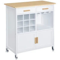 Mobiletto da Cucina con Ruote, Portabottiglie e Porta Bicchieri in Bambù, 76 x 40 x 88cm