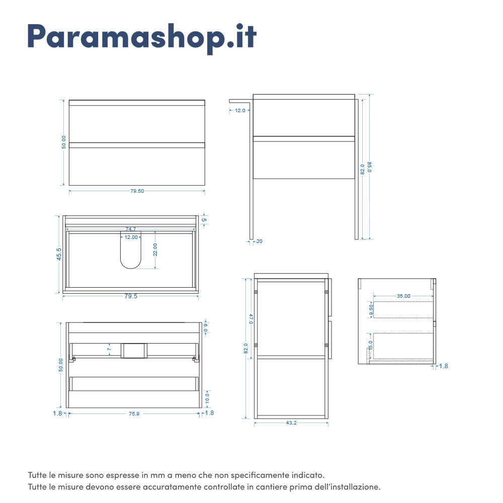 Mobile bagno a terra 80cm grigio cemento con lavabo in ceramica | Sapo