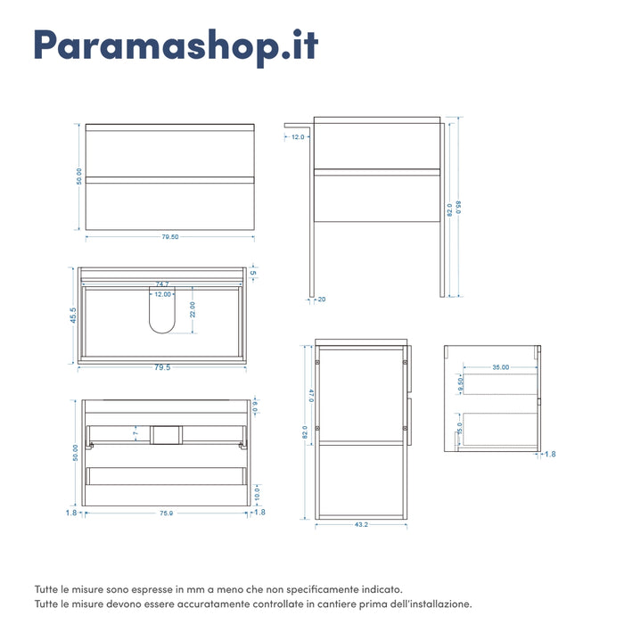 Mobile bagno a terra 80cm grigio cemento con lavabo in ceramica | Sapo