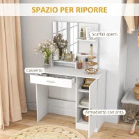 Tavolo per Trucco in Truciolato con Mobiletto, Cassetto, Ripiani Aperti e Specchio, 90x38x138 cm, Bianco