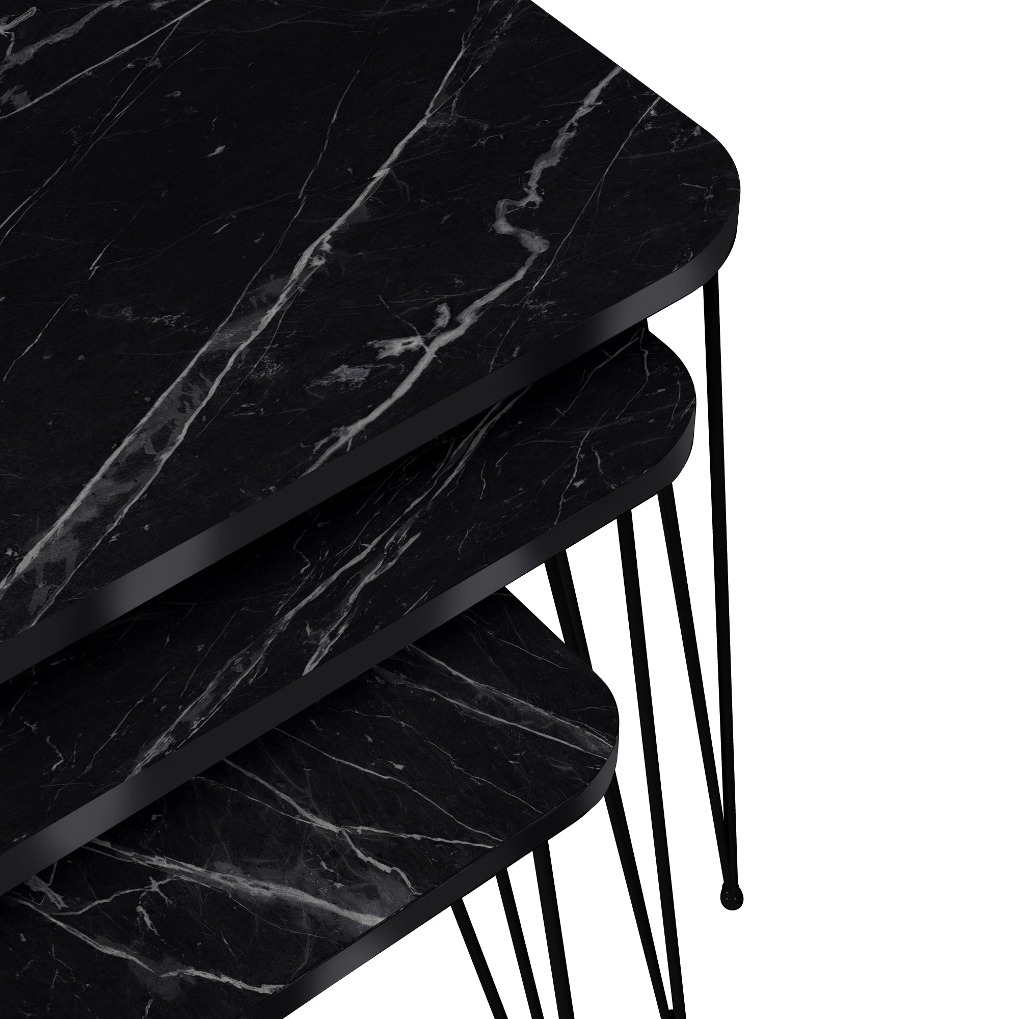 Set 'Rudkøbing' 3 Tavolini Sovrapponibili Gambe a Forcina e Piano Quadrato - Effetto Marmo Nero [en.casa]